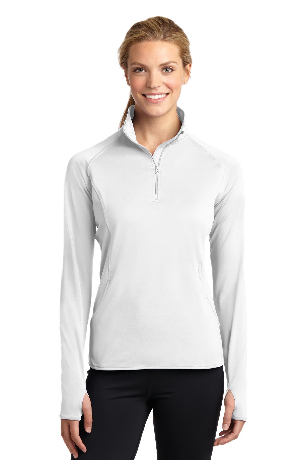 Front View of White Sport-Tek Women's Sport-Wick Stretch 1/4-Zip Pullover. LST850