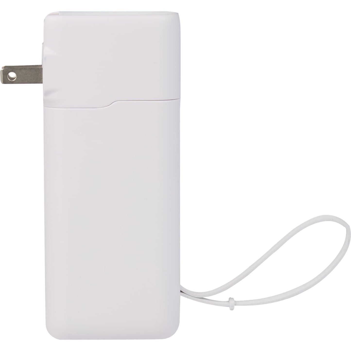 Front View of White UL Listed 10,000 mAh 20W PD Power Bank with AC Plu plain