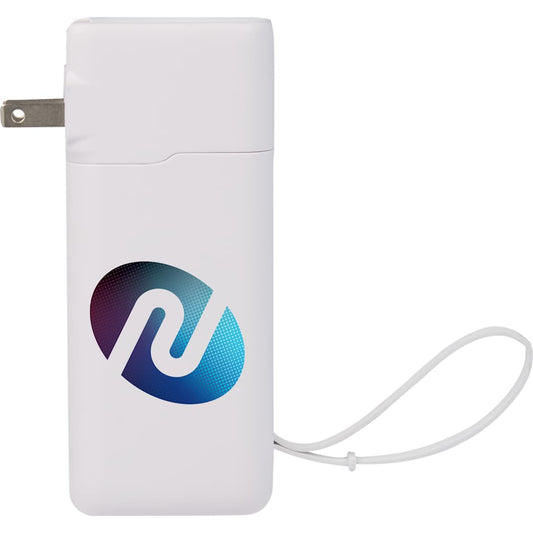 Front View of White UL Listed 10,000 mAh 20W PD Power Bank with AC Plu