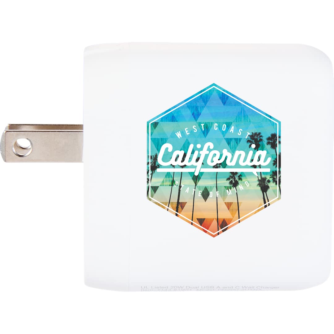 Front View of White UL Listed 20W Dual USB A and C Wall Charger