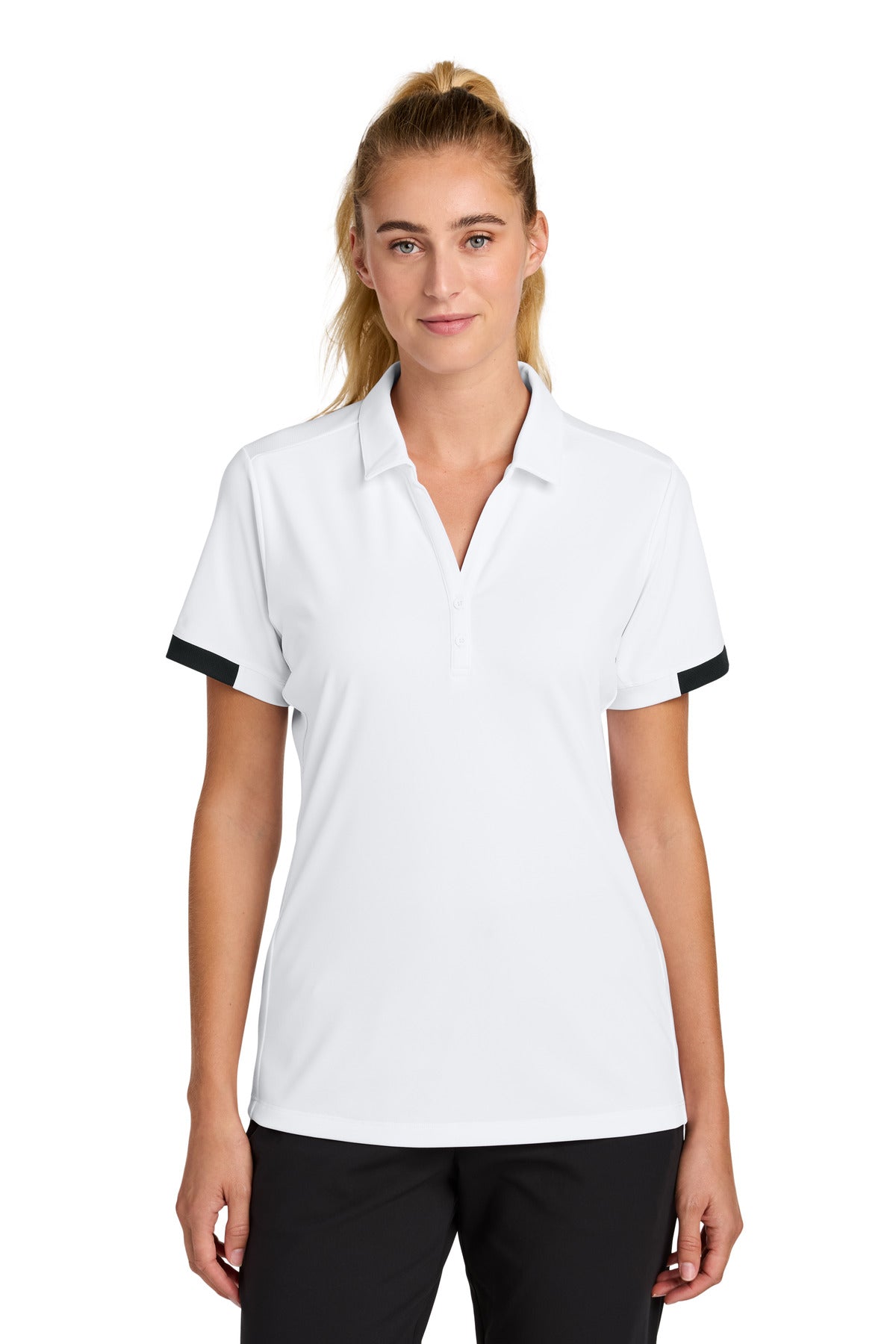 Front View of White/Blk Sport-Tek Women's Club Colorblock Polo LST444