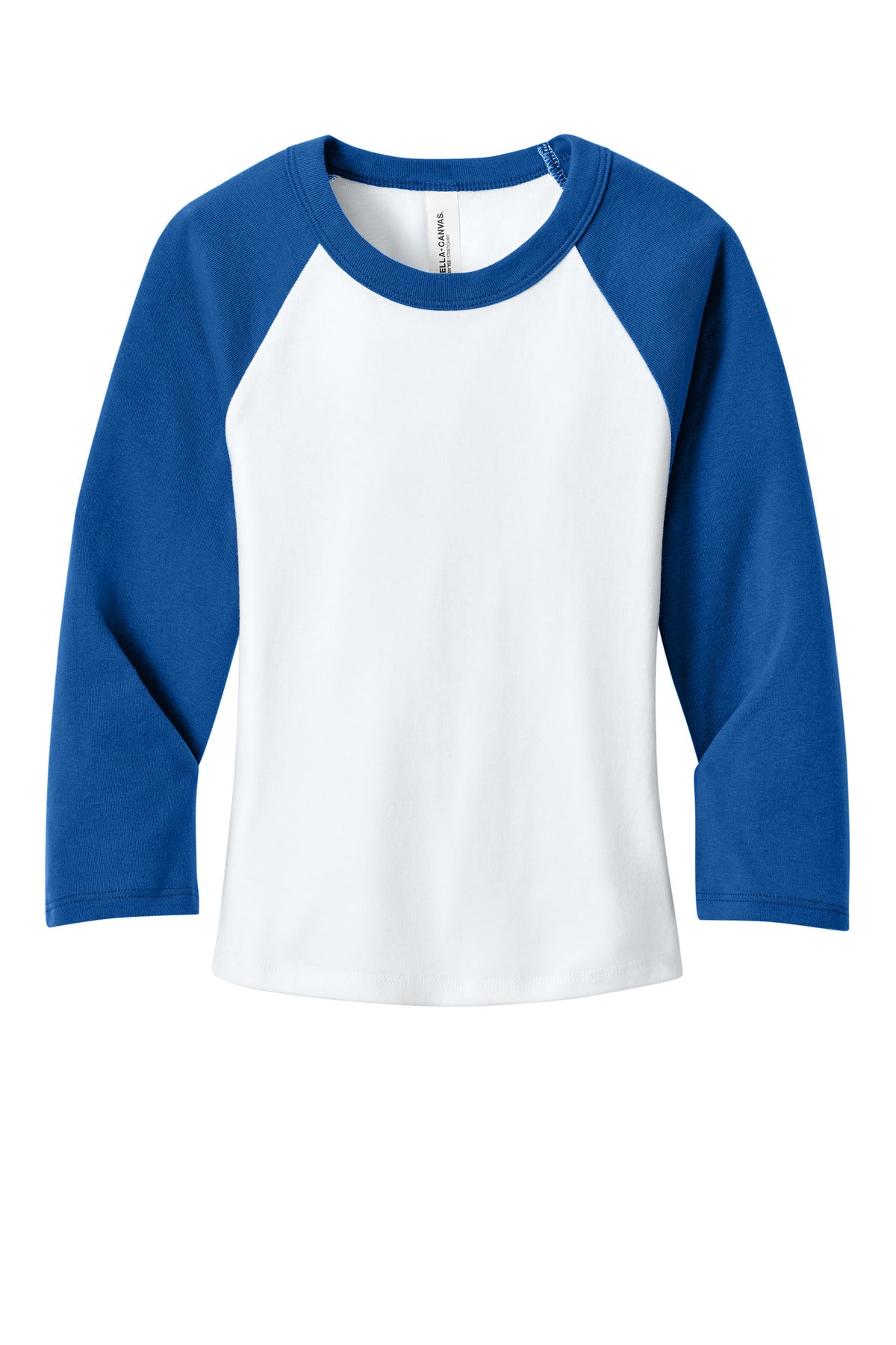 Front View of Wht/TrRy BELLA+CANVAS Women's Micro Rib 3/4 Raglan Baby Tee BC1200