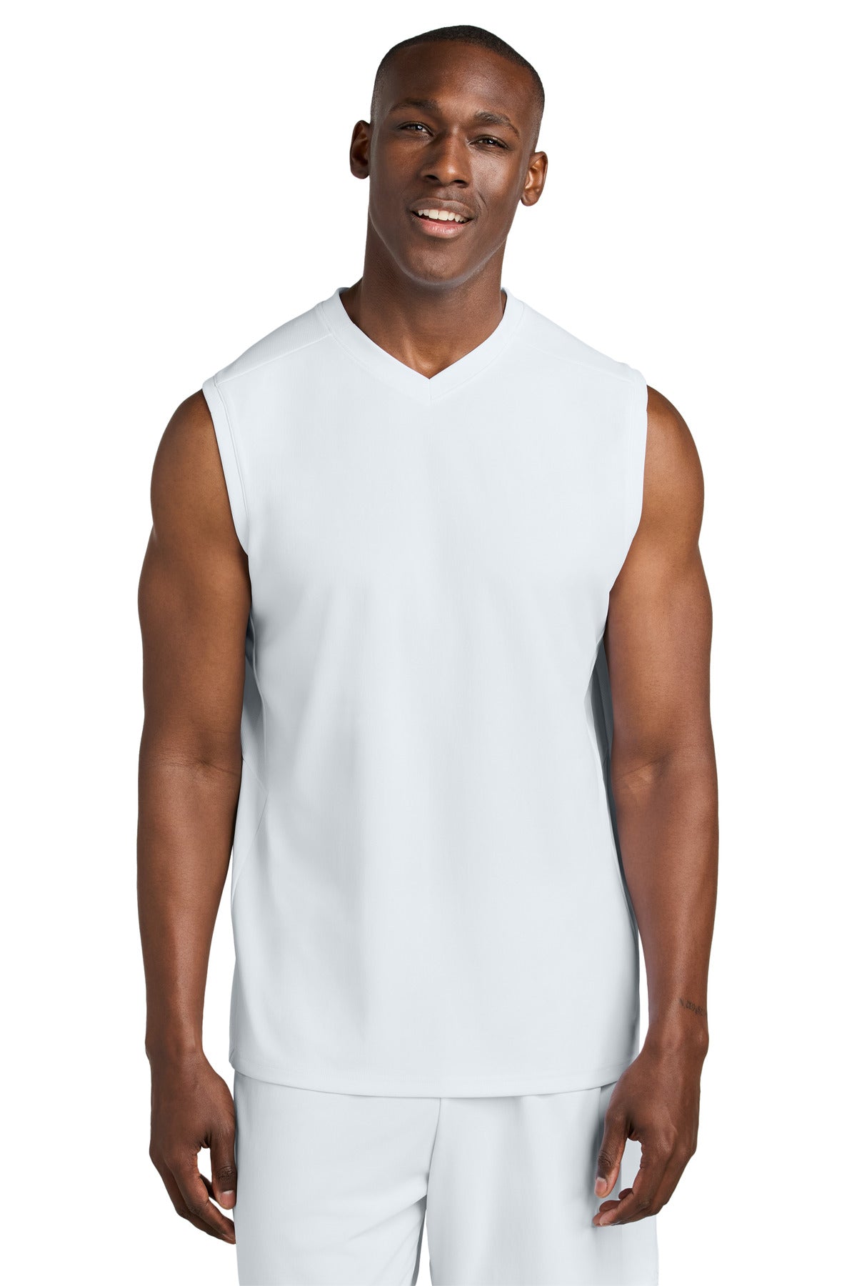 Front View of Wht/Wht Sport-Tek Club Sleeveless V-Neck ST441