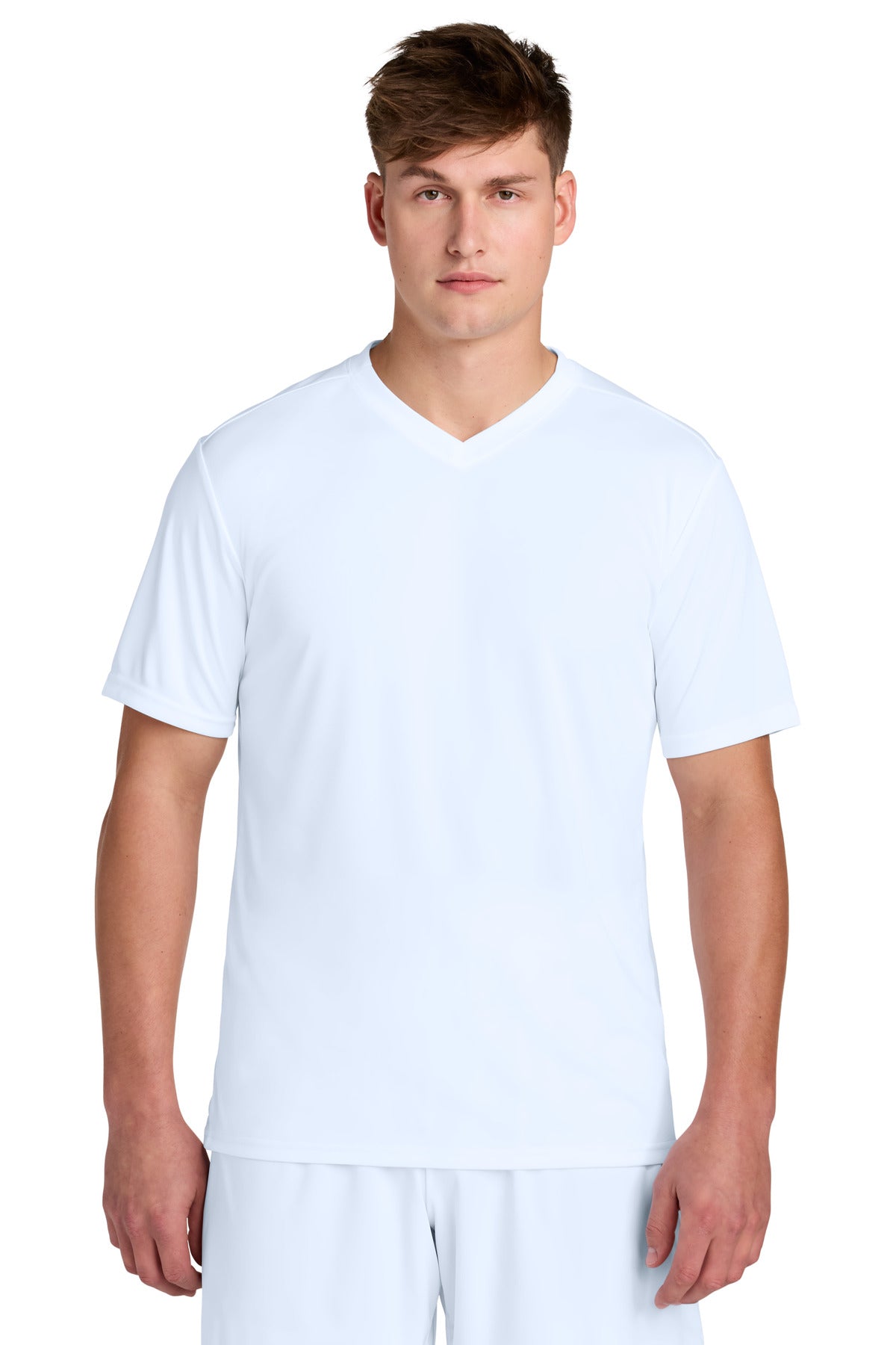 Front View of Wht/Wht Sport-Tek Competitor United V-Neck ST101