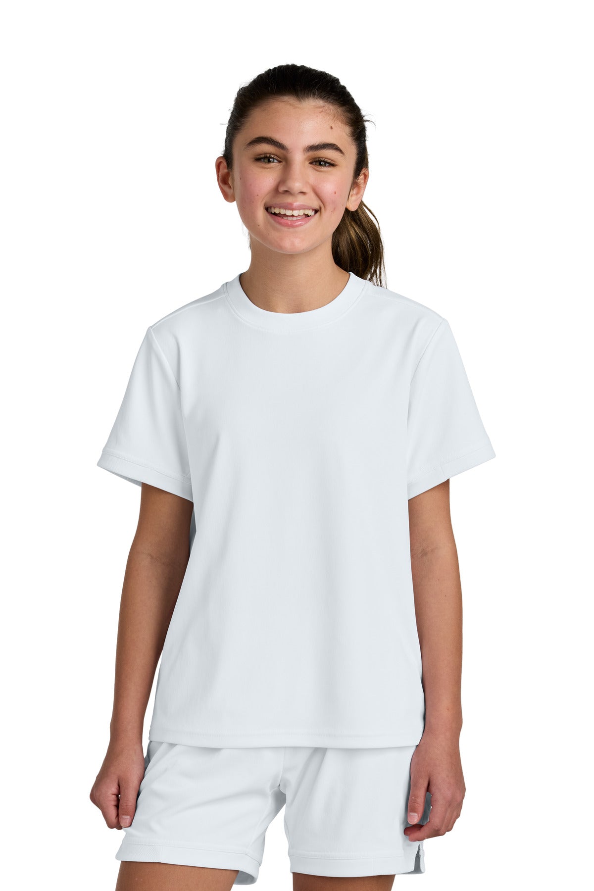 Front View of Wht/Wht Sport-Tek Youth Club Short Sleeve Crew YST440
