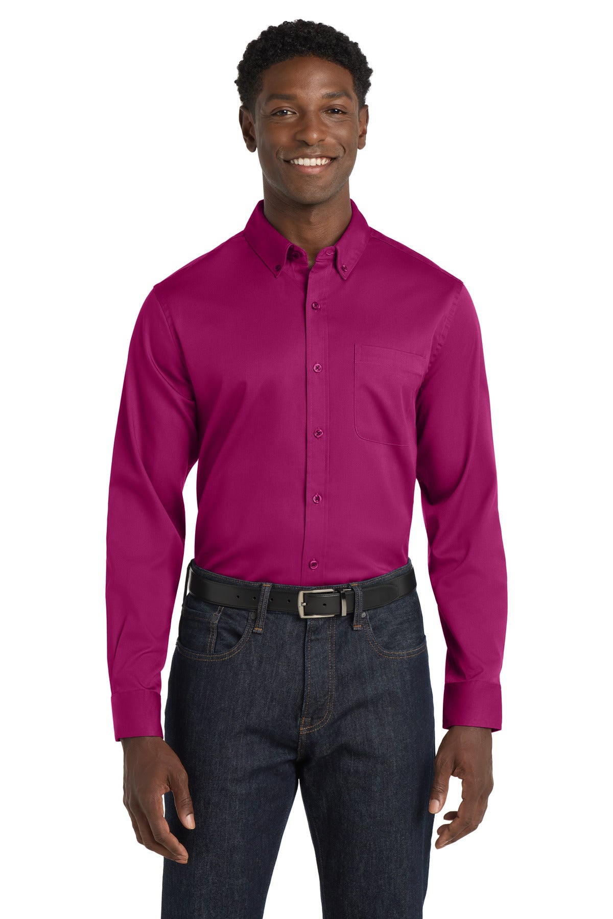 Front View of WildBerry Port Authority Long Sleeve SuperPro React Twill Shirt. W808