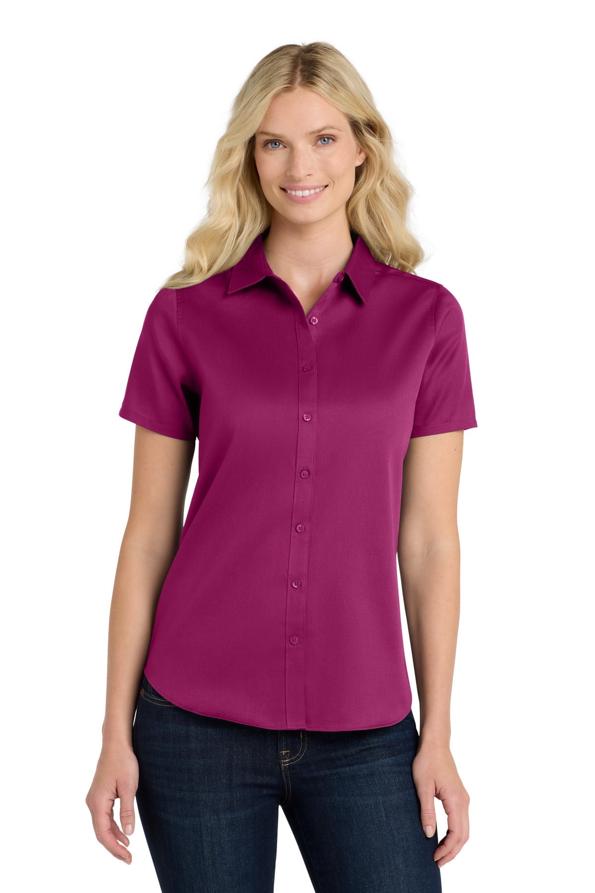 Front View of WildBerry Port Authority Women's Short Sleeve SuperPro React Twill Shirt. LW809