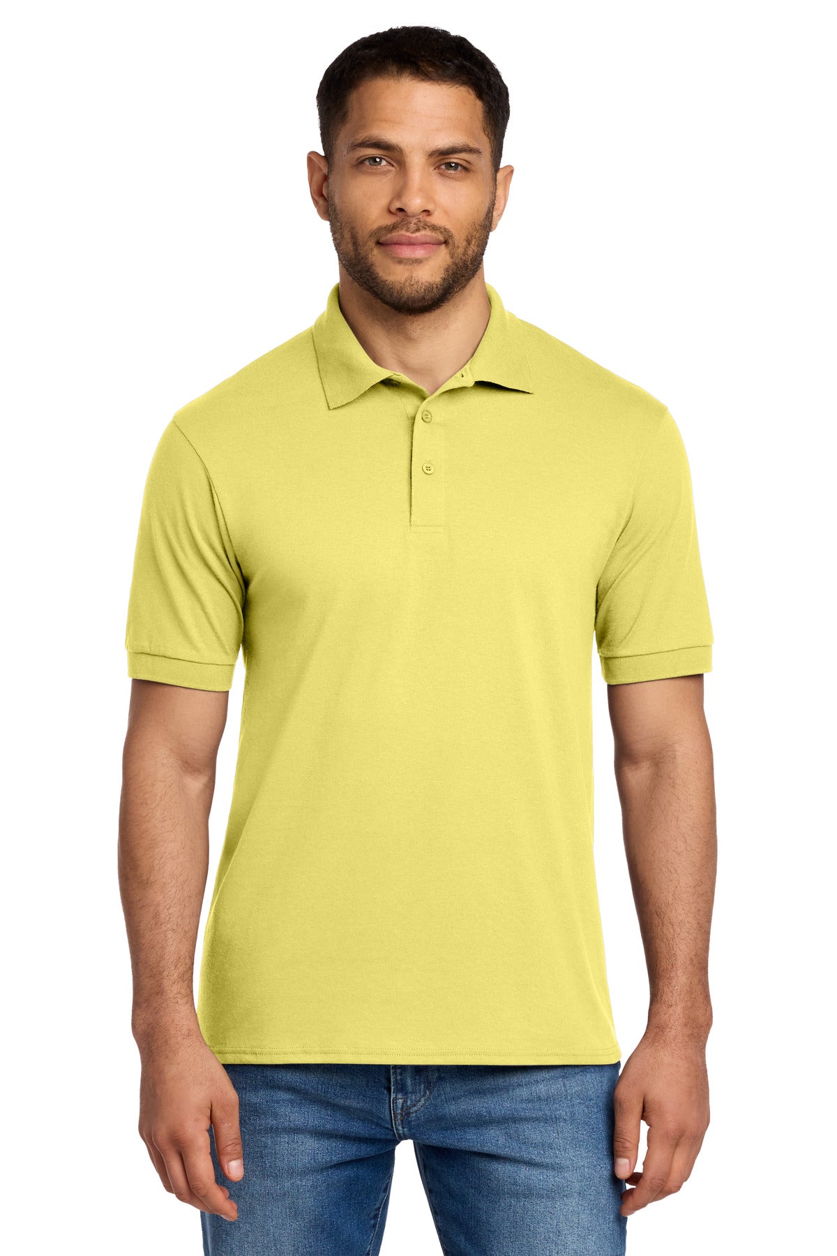 Front View of Yellow Port & Co Core Blend Jersey Knit Polo. KP55