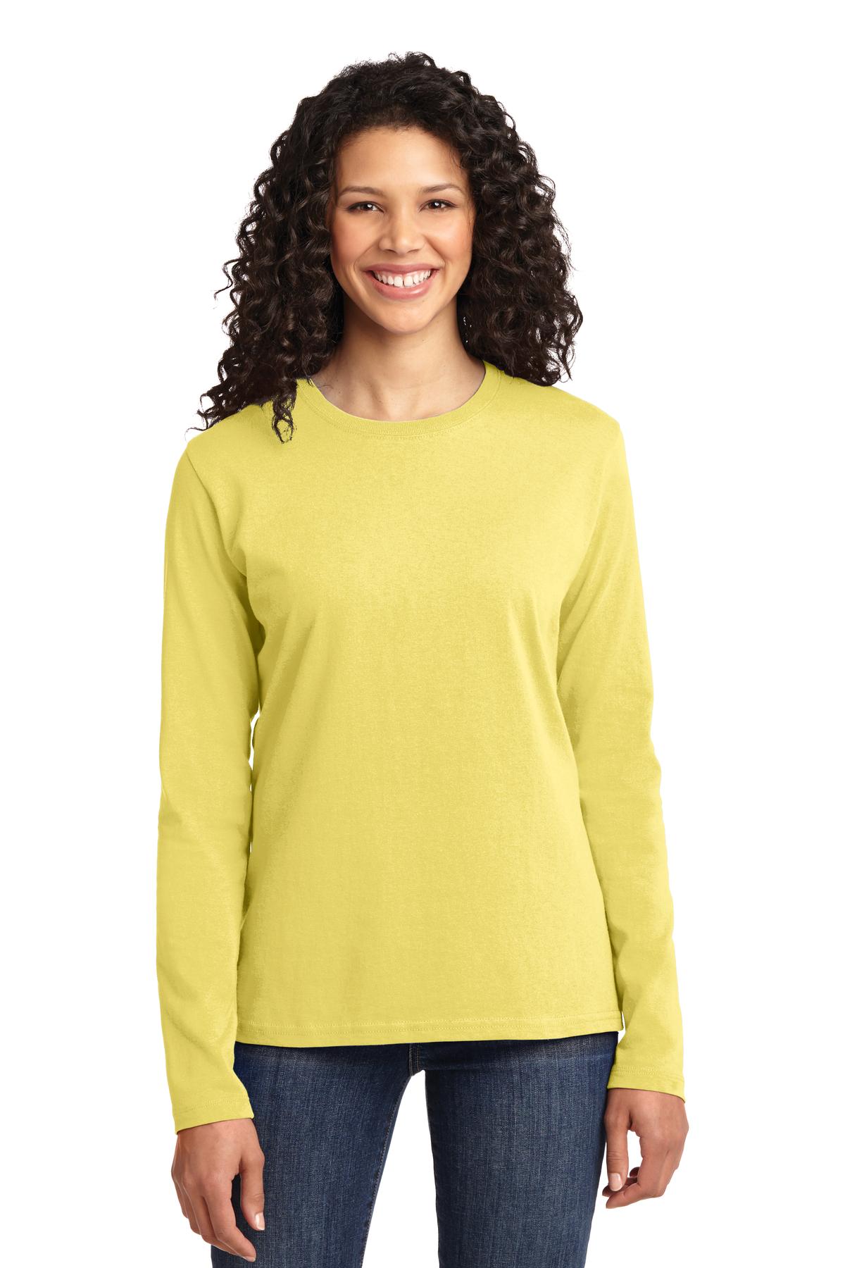 Front View of Yellow Port & Co Women's Long Sleeve Core Cotton Tee. LPC54LS
