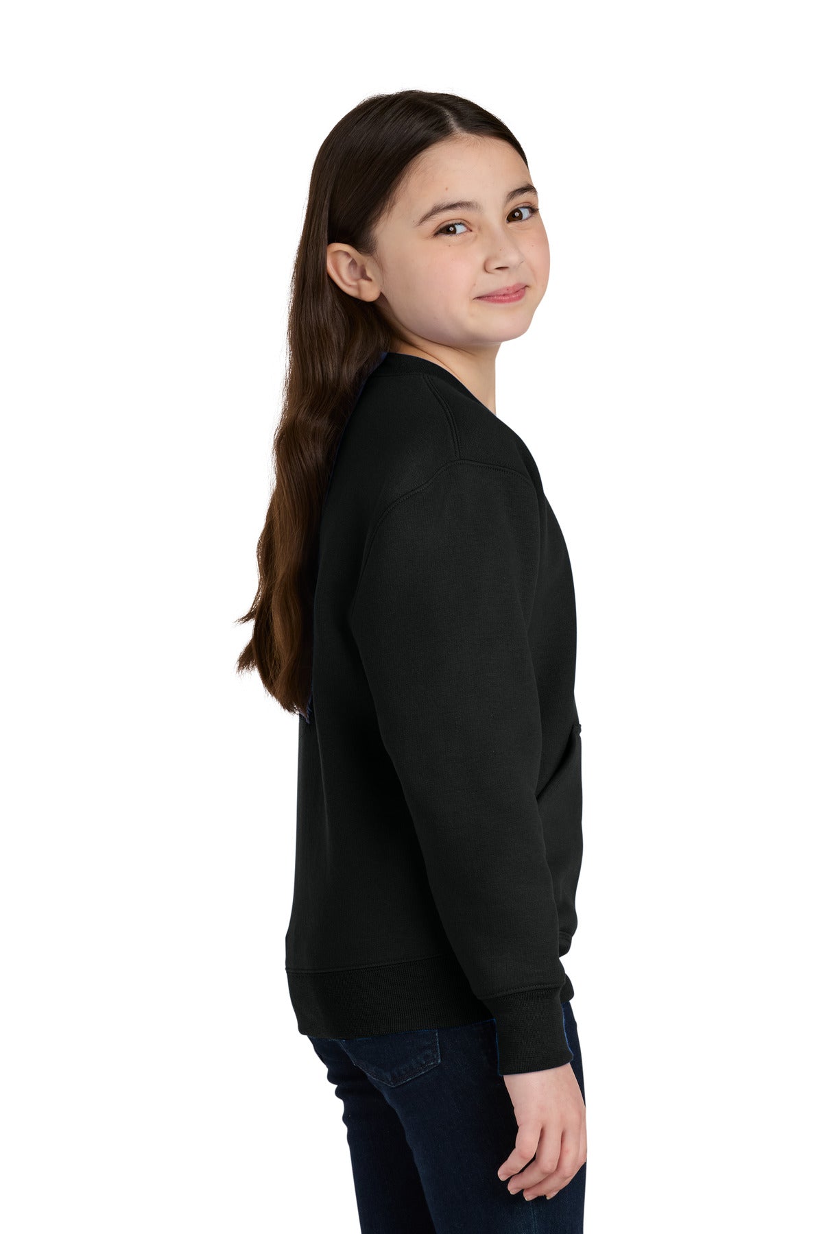 JetBlack Port & Co Youth Core Fleece Crewneck Pocket Sweatshirt PC78YPKT