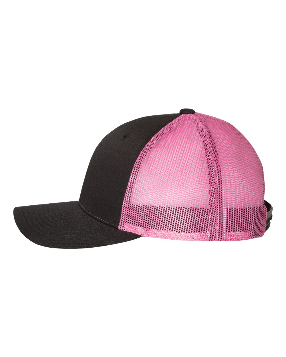 Left View of Black/ Neon Pink Low Pro Trucker Cap - 115