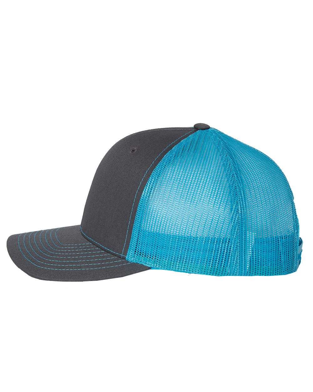 Left View of Charcoal/ Neon Blue Snapback Trucker Cap - 112