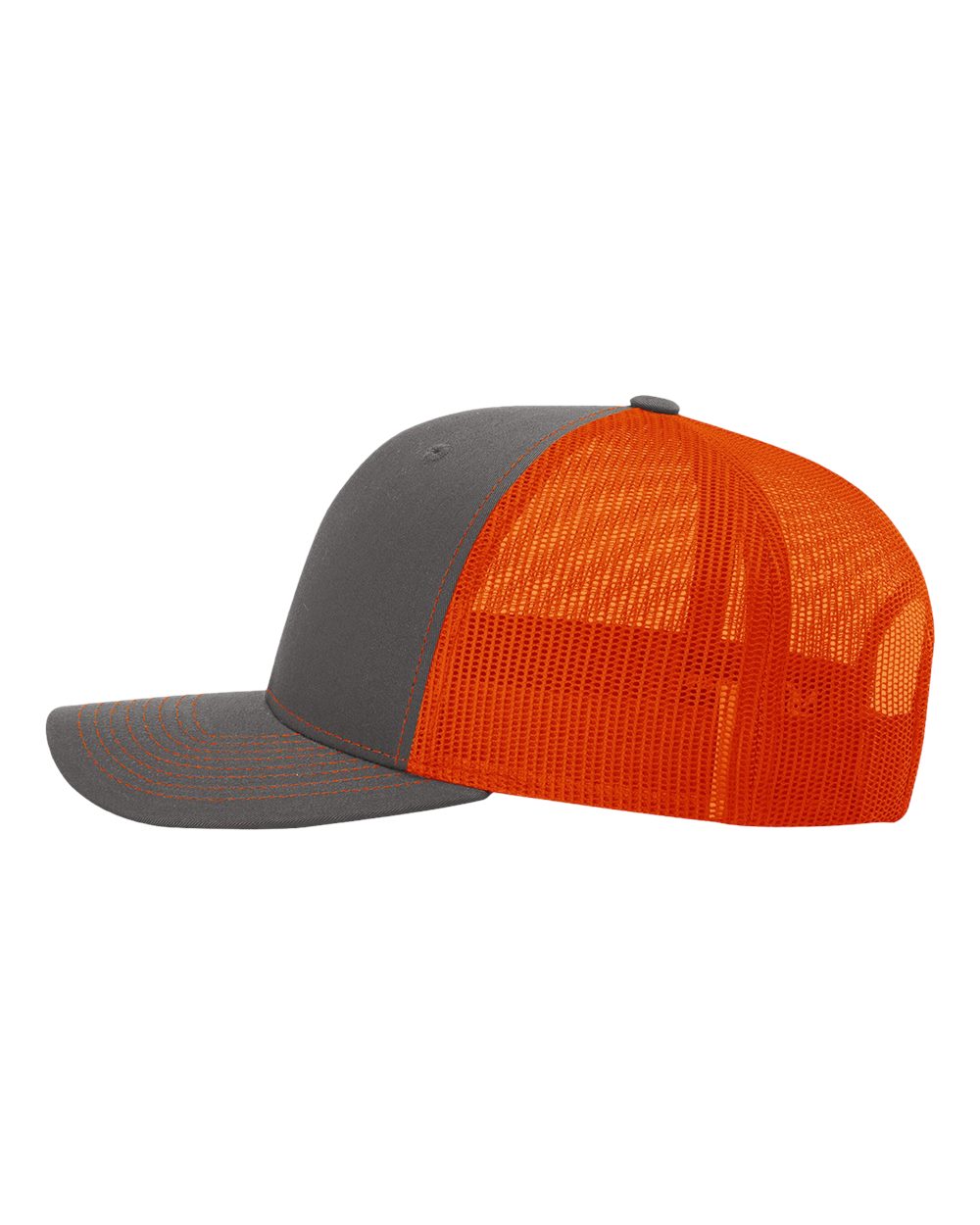 Left View of Charcoal/ Orange Snapback Trucker Cap - 112