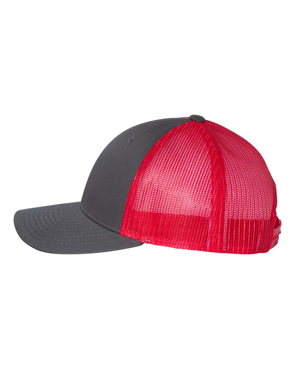Left View of Charcoal/ Red Low Pro Trucker Cap - 115