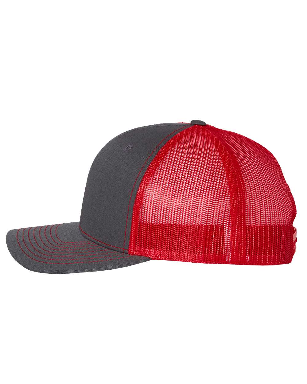 Left View of Charcoal/ Red Snapback Trucker Cap - 112
