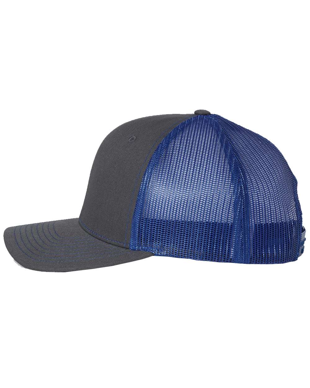 Left View of Charcoal/ Royal Snapback Trucker Cap - 112