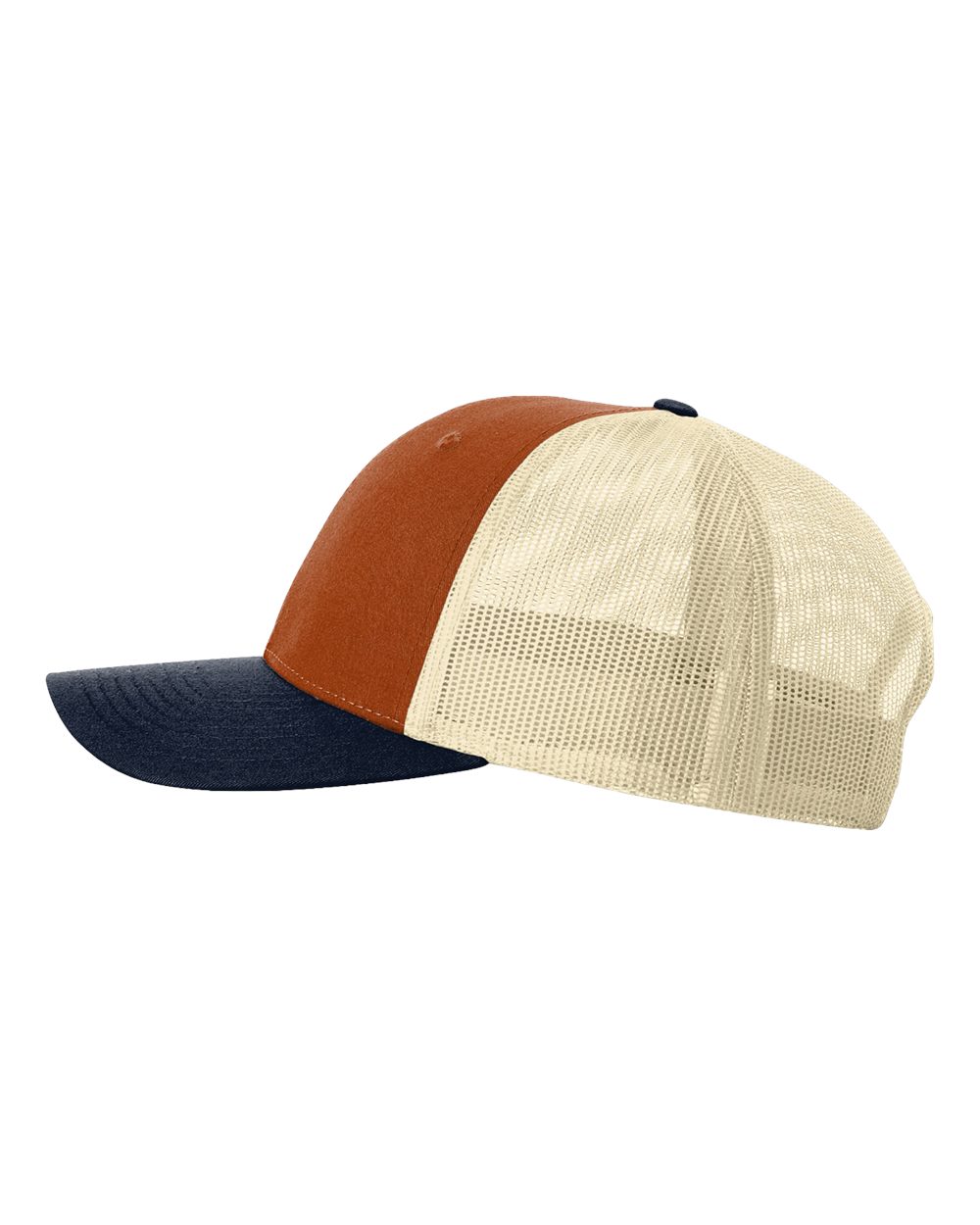 Left View of Dark Orange/ Birch/ Patriot Blue Low Pro Trucker Cap - 115
