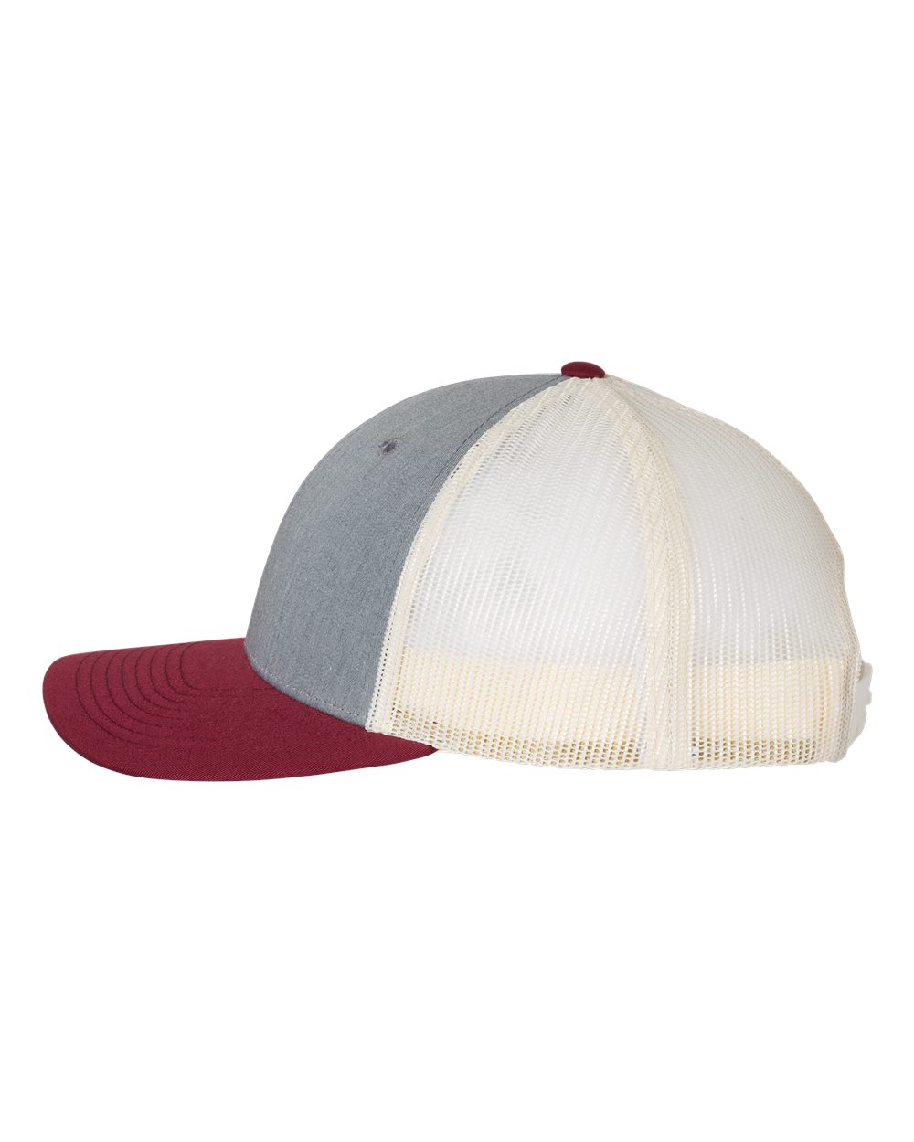 Left View of Heather Grey/ Birch/ Cardinal Low Pro Trucker Cap - 115