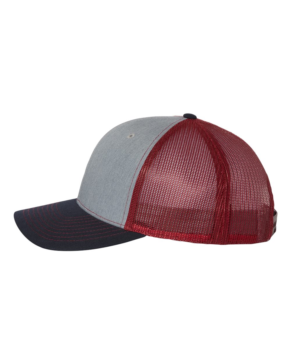 Left View of Heather Grey/ Cardinal/ Navy Snapback Trucker Cap - 112
