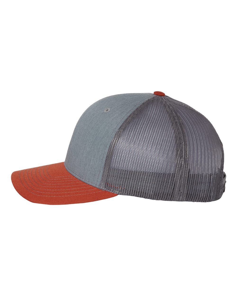 Left View of Heather Grey/ Charcoal/ Dark Orange Snapback Trucker Cap - 112