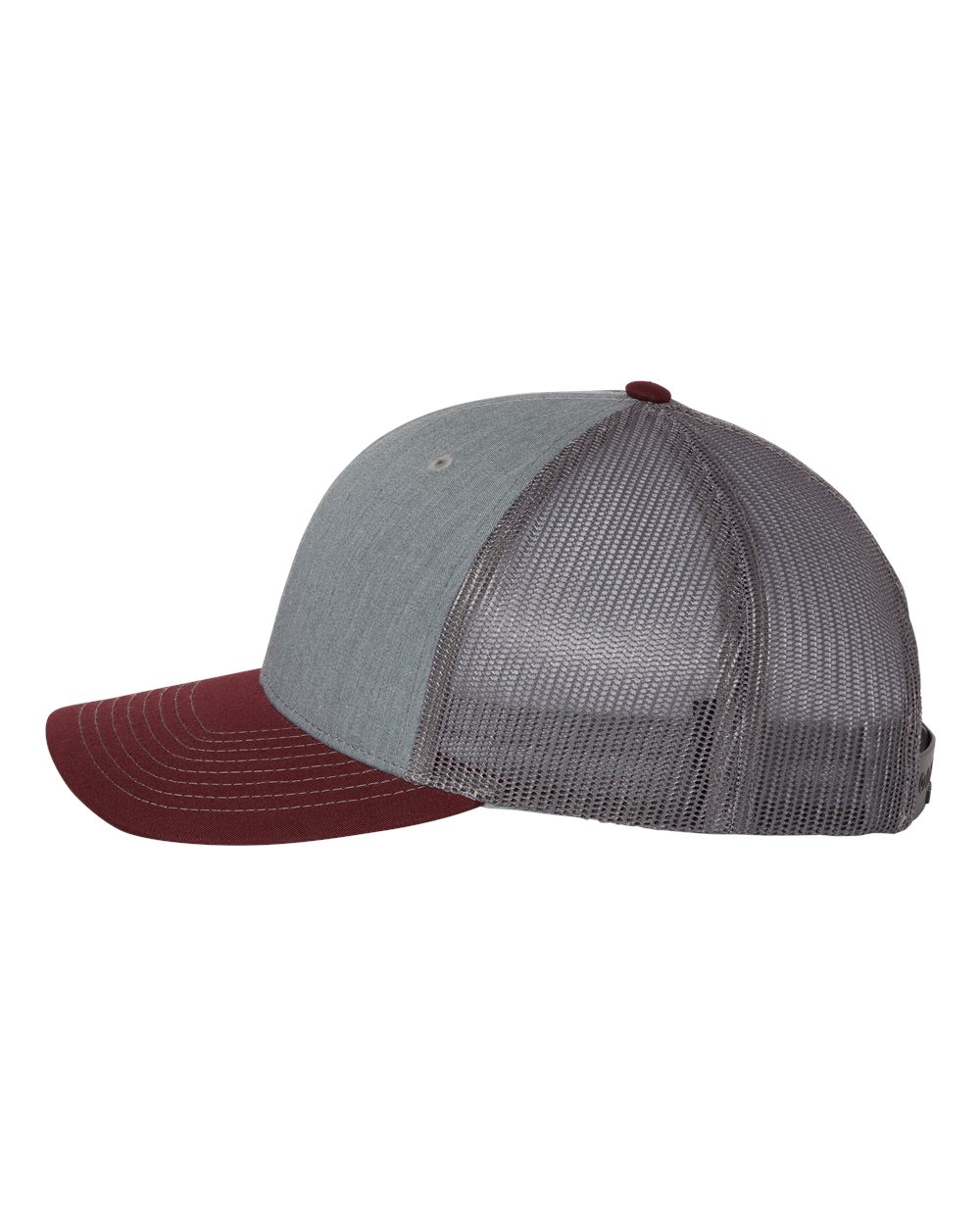 Left View of Heather Grey/ Charcoal/ Maroon Snapback Trucker Cap - 112