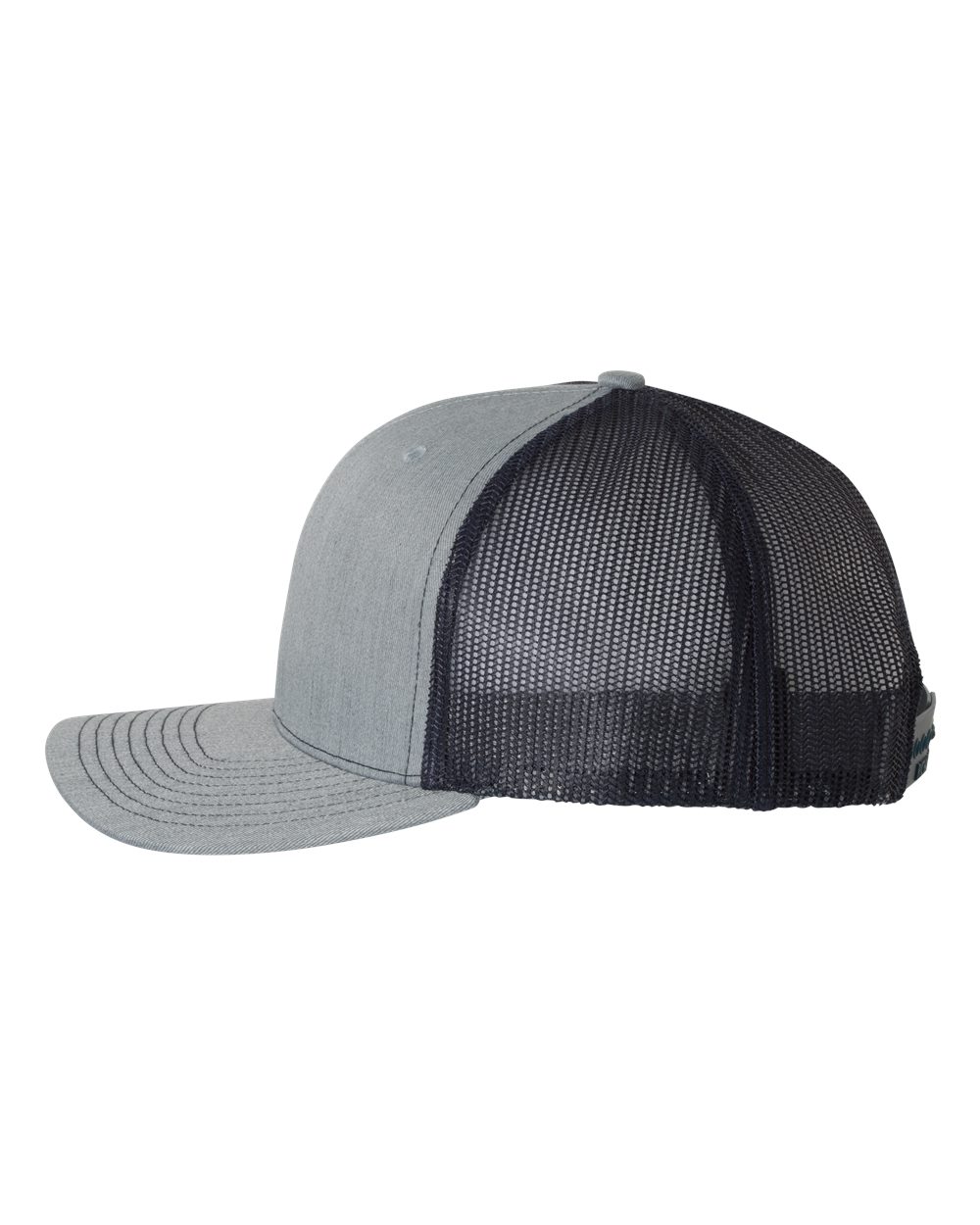 Left View of Heather Grey/ Navy Snapback Trucker Cap - 112