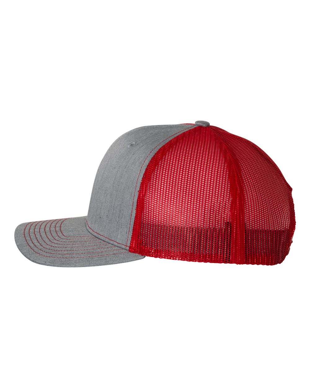 Left View of Heather Grey/ Red Snapback Trucker Cap - 112