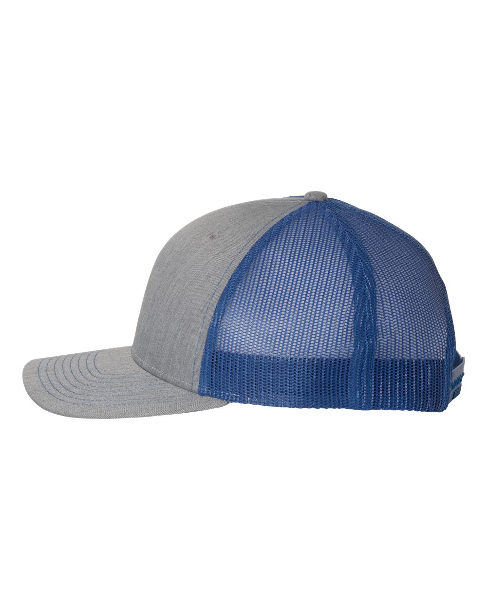 Left View of Heather Grey/ Royal Snapback Trucker Cap - 112
