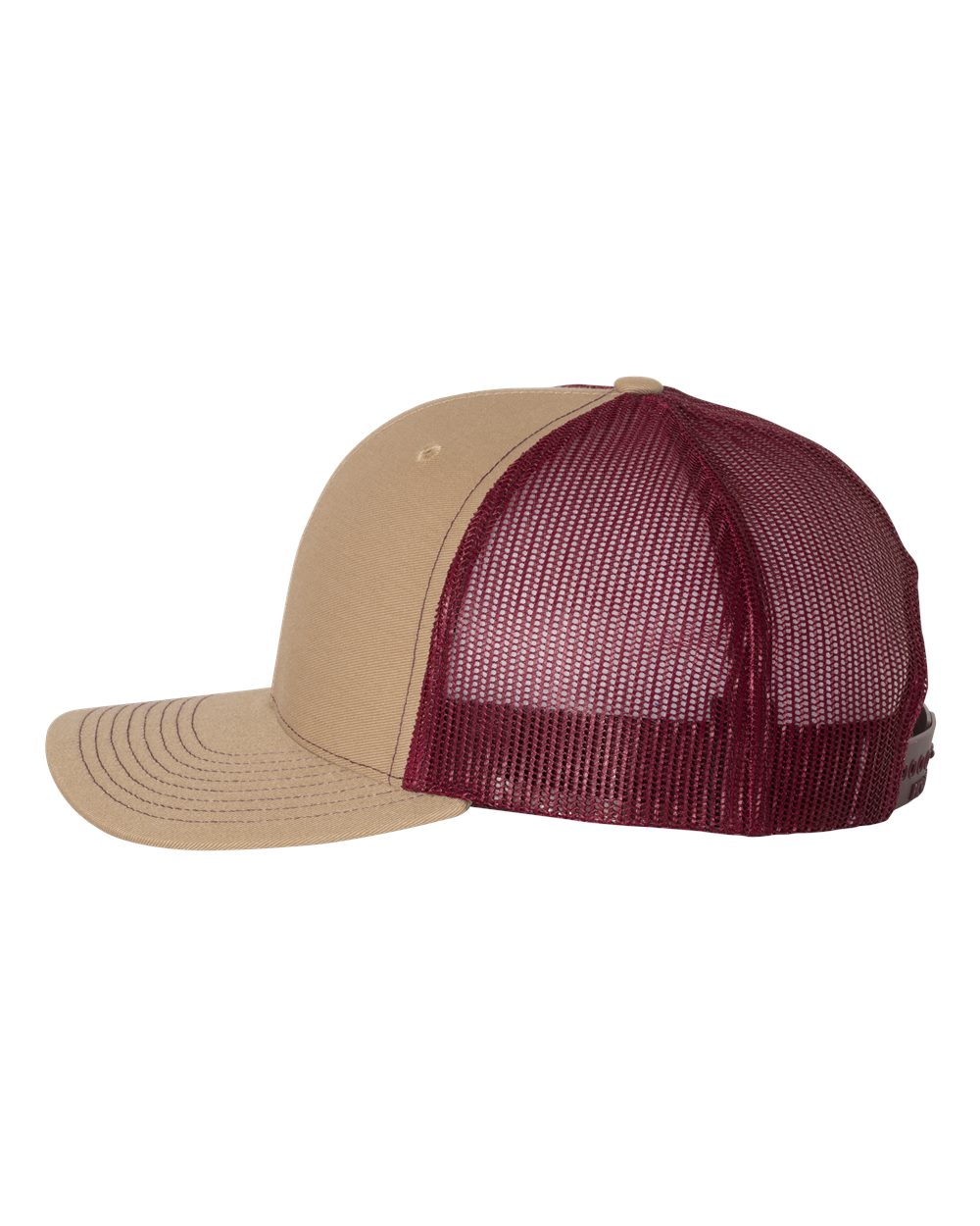 Left View of Khaki/ Burgundy Snapback Trucker Cap - 112