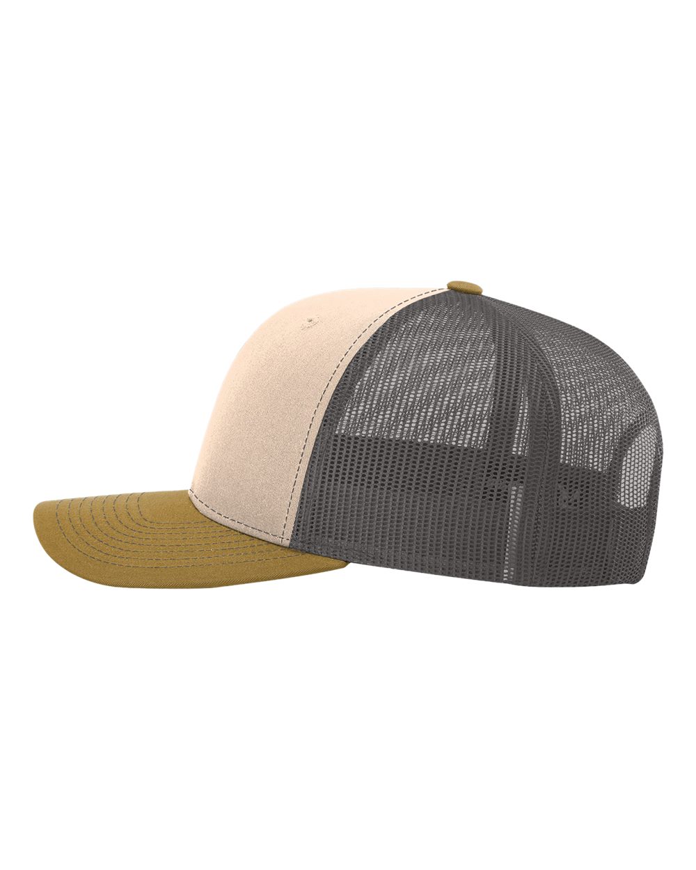 Left View of Mink Beige/ Charcoal/ Amber Gold Snapback Trucker Cap - 112