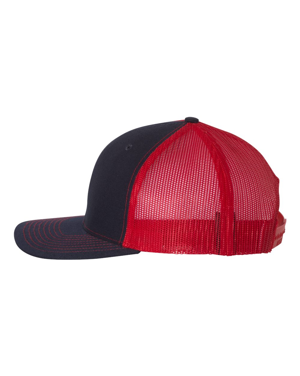 Left View of Navy/ Red Snapback Trucker Cap - 112
