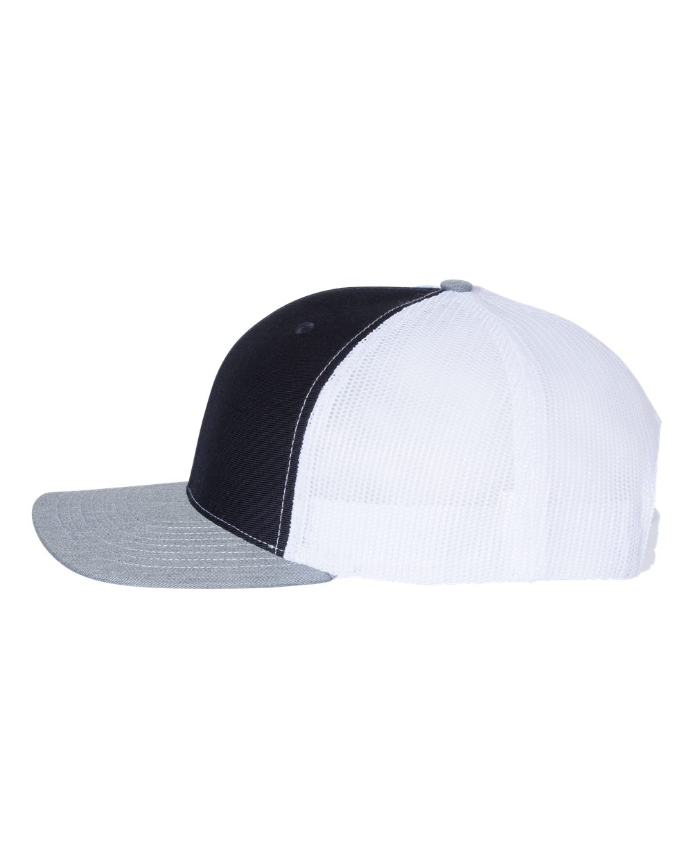 Left View of Navy/ White/ Heather Grey Snapback Trucker Cap - 112
