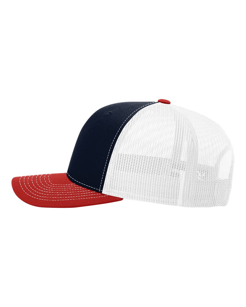 Left View of Navy/ White/ Red Snapback Trucker Cap - 112