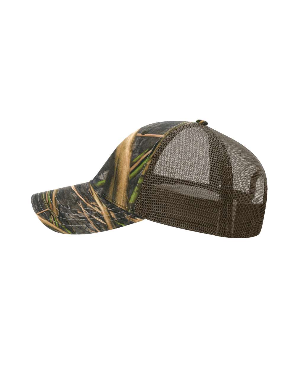 Left View of Shadow Grass Habitat/ Brown Garment Washed Printed Trucker Cap - 111P