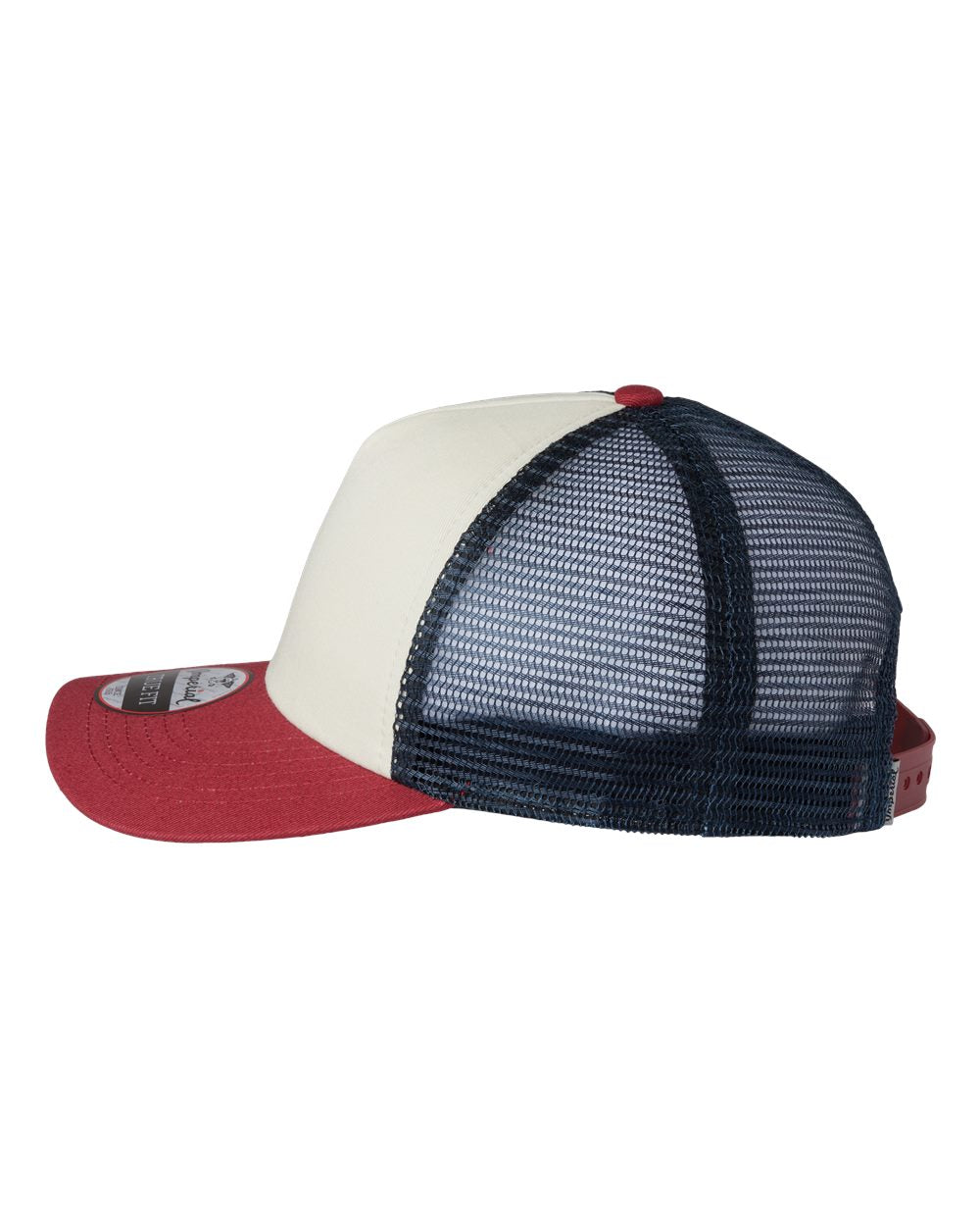Left View of Vanilla/ Red Ribbon/ Dark Navy North Country Trucker Cap - 1287