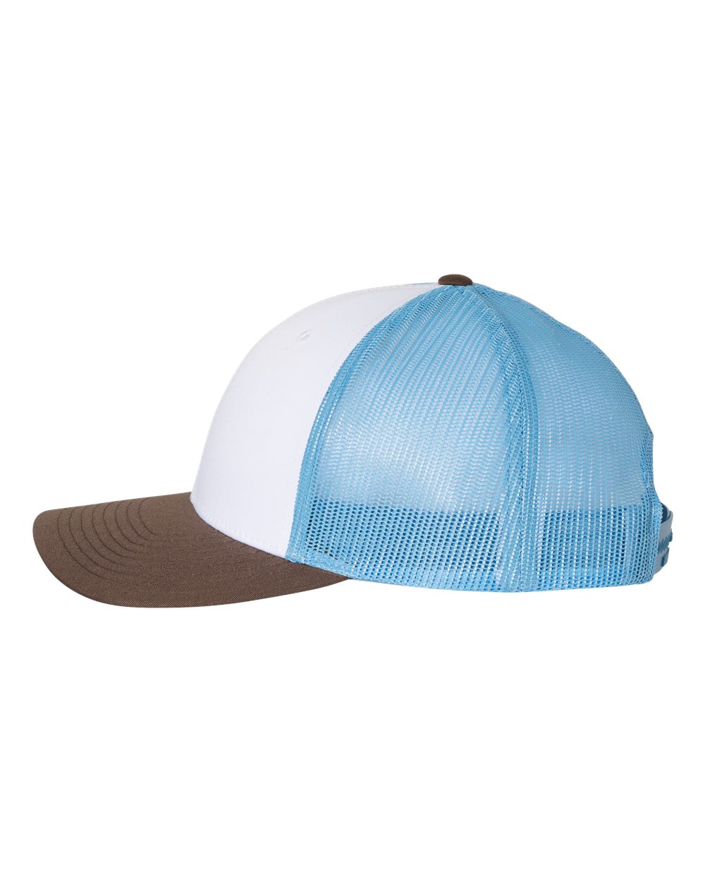 Left View of White/ Columbia Blue/ Brown Low Pro Trucker Cap - 115