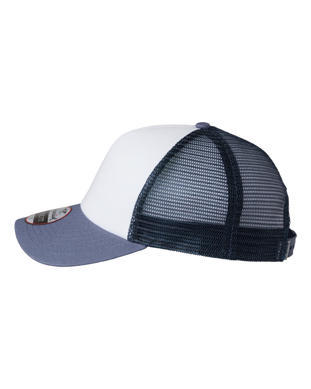 Left View of White/ Indigo/ Dark Navy North Country Trucker Cap - 1287