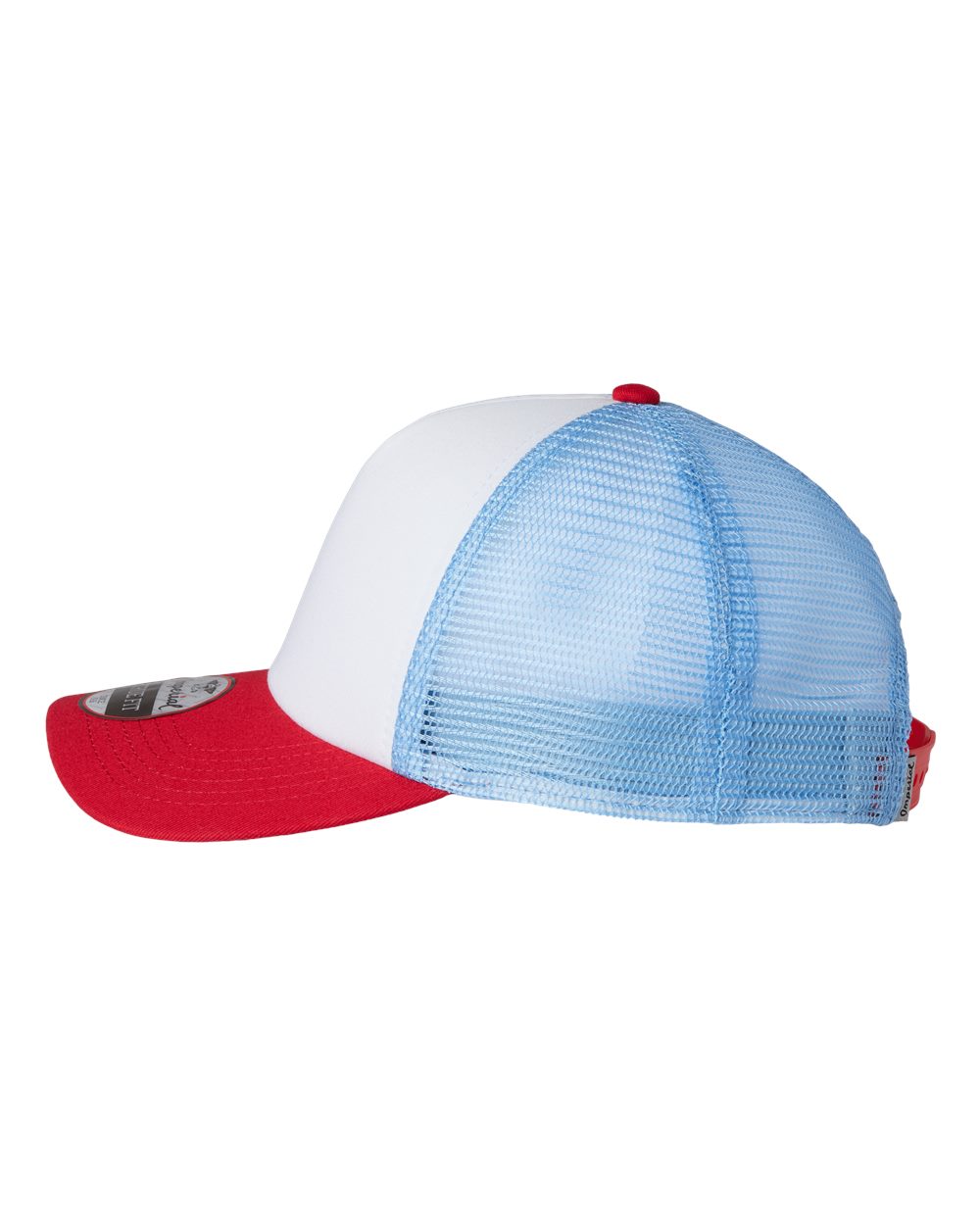 Left View of White/ Red/ Sky Blue North Country Trucker Cap - 1287