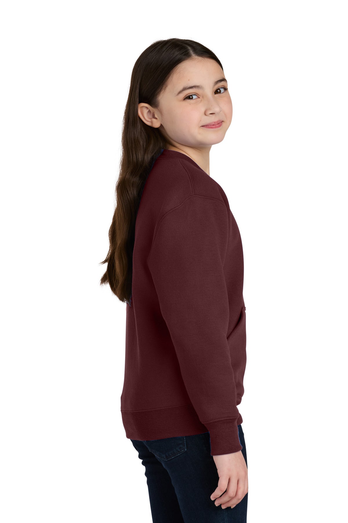 Maroon Port & Co Youth Core Fleece Crewneck Pocket Sweatshirt PC78YPKT