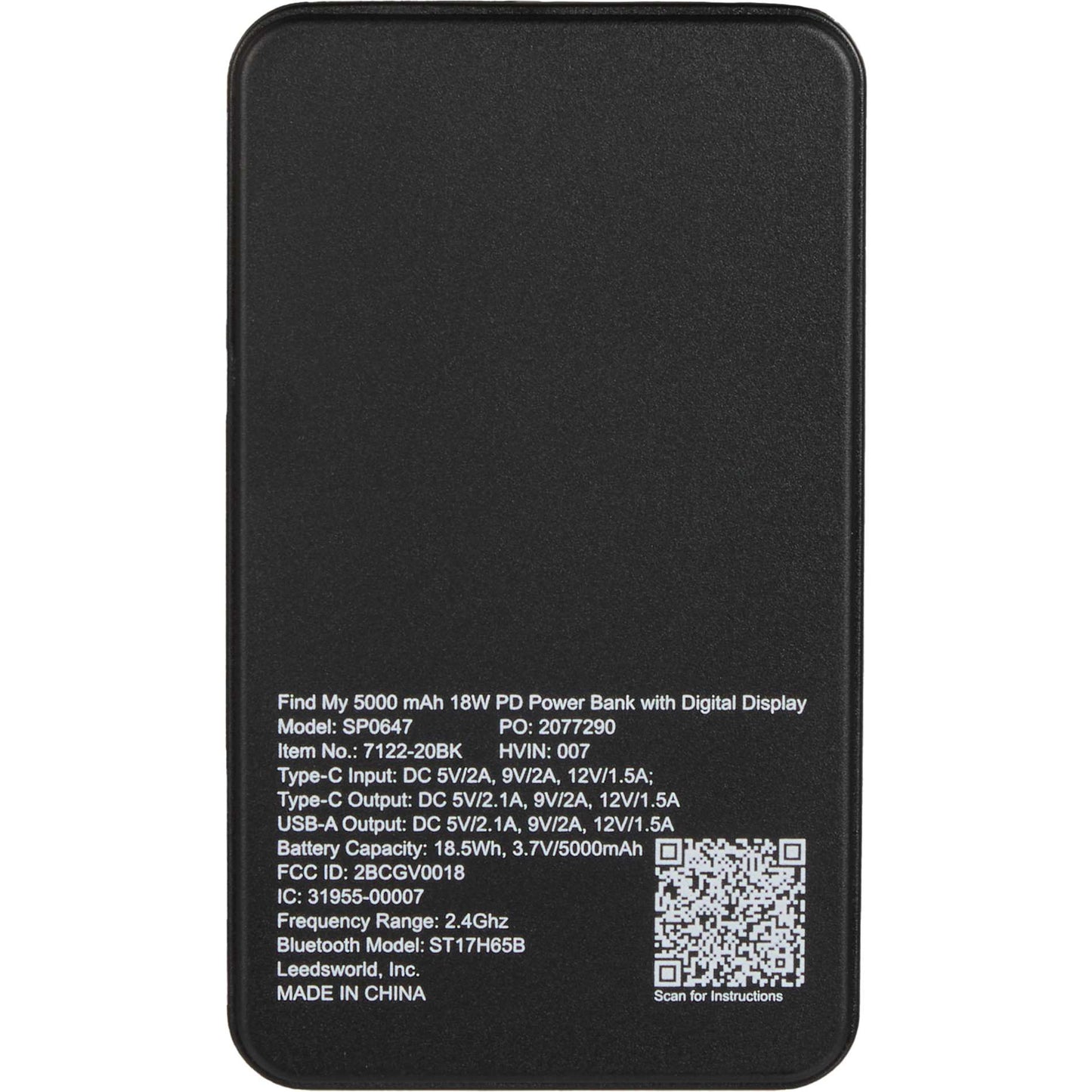 Rear View of Black Find My 5000 mAh 18W PD Power Bank/Digital Display