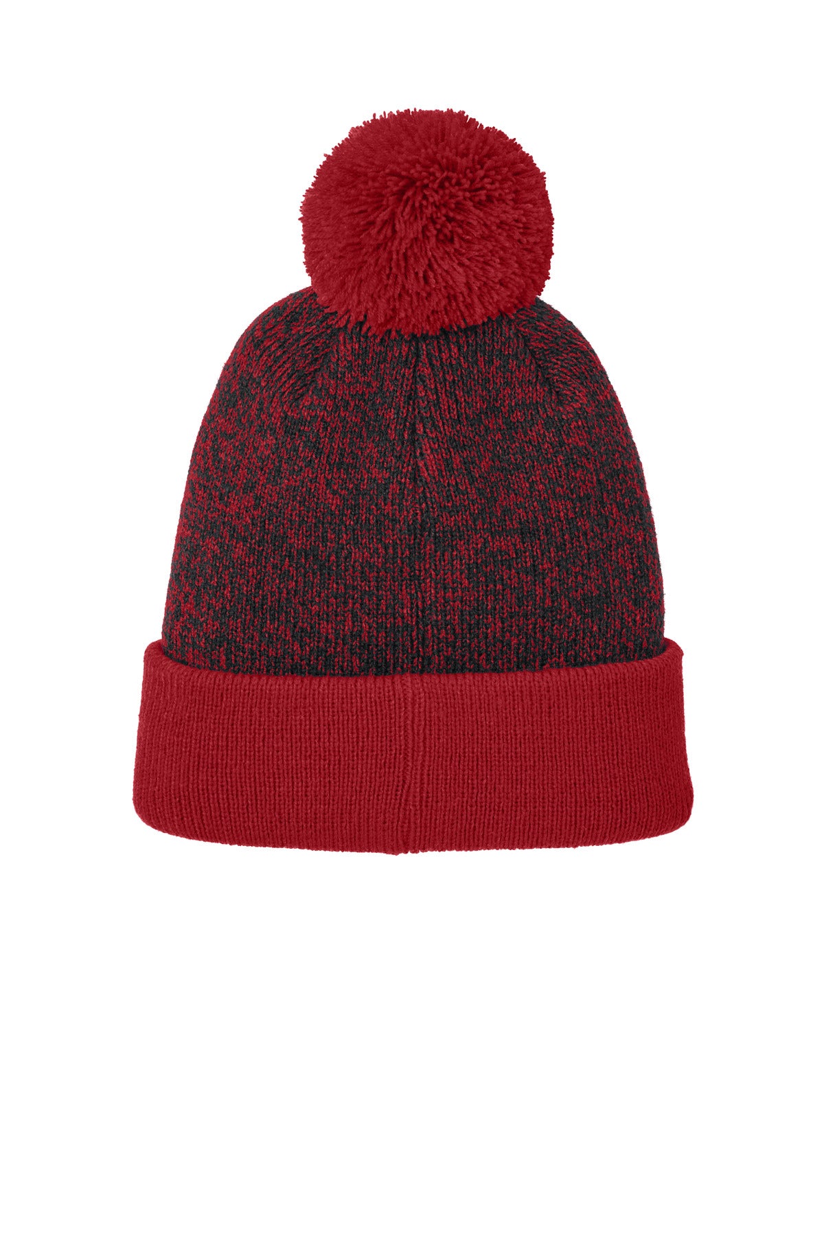 Rear View of DpRd/Blk Sport-Tek Halftime Heather Pom Beanie STC68