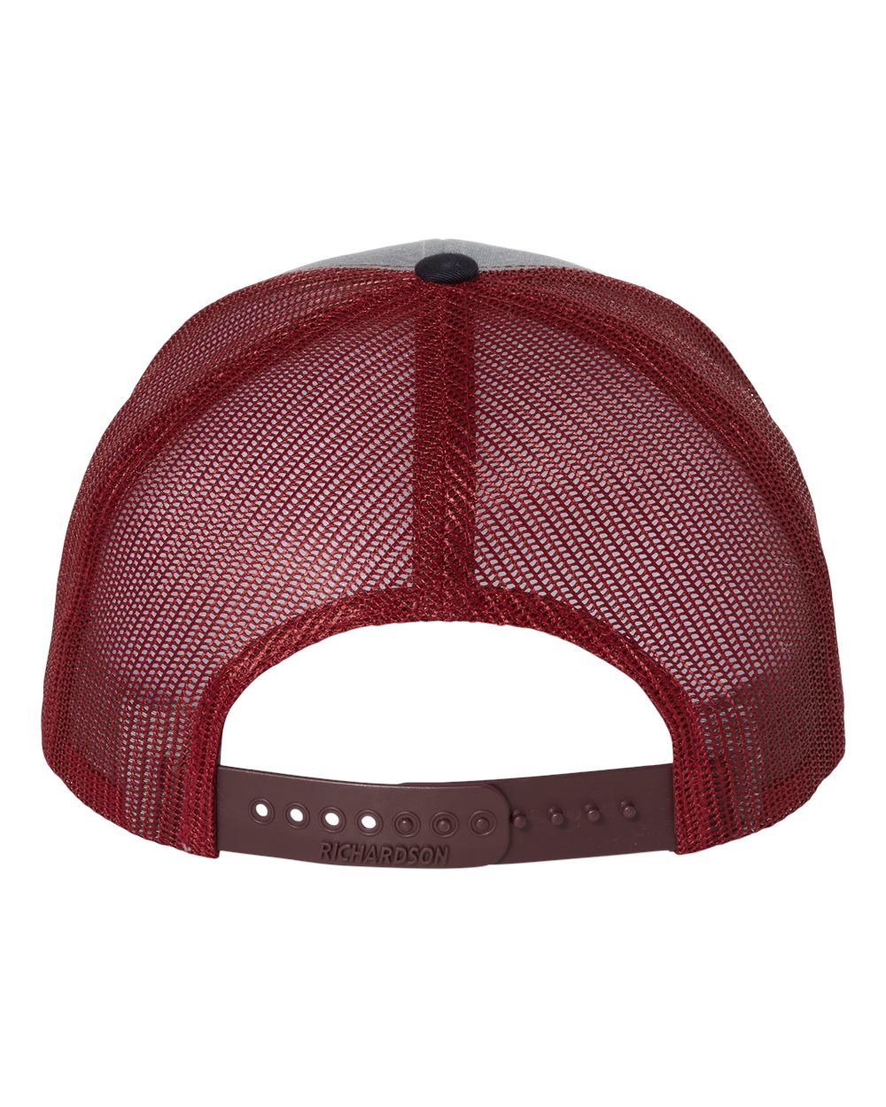 Rear View of Heather Grey/ Cardinal/ Navy Snapback Trucker Cap - 112
