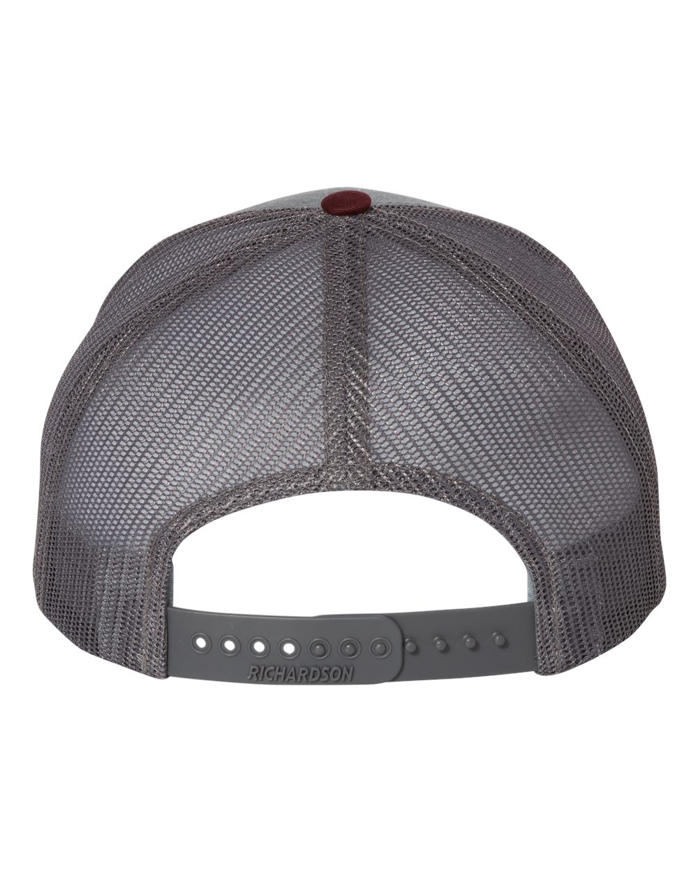 Rear View of Heather Grey/ Charcoal/ Maroon Snapback Trucker Cap - 112