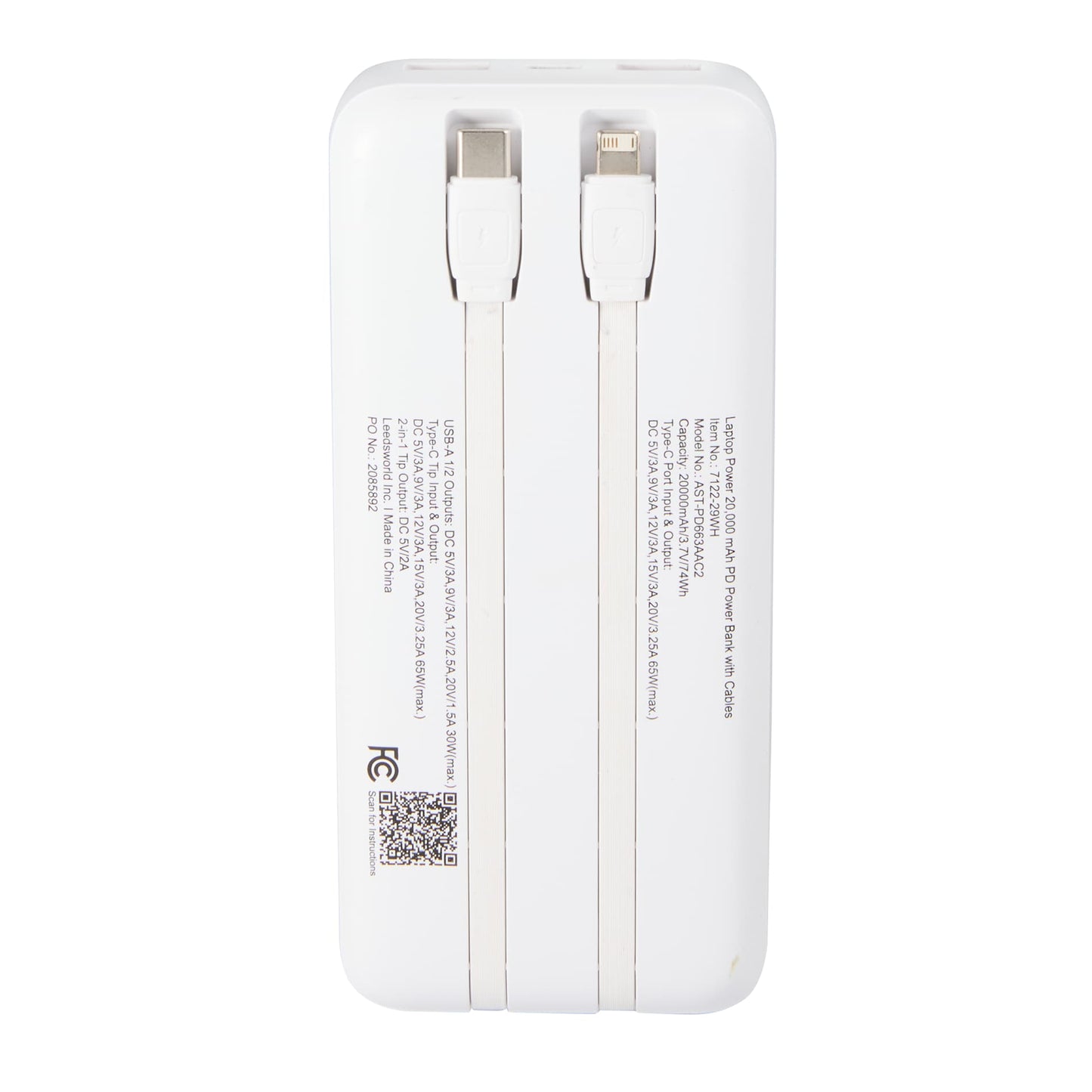 Rear View of White Laptop Power 20,000 mAh PD Power Bank with Cables plain