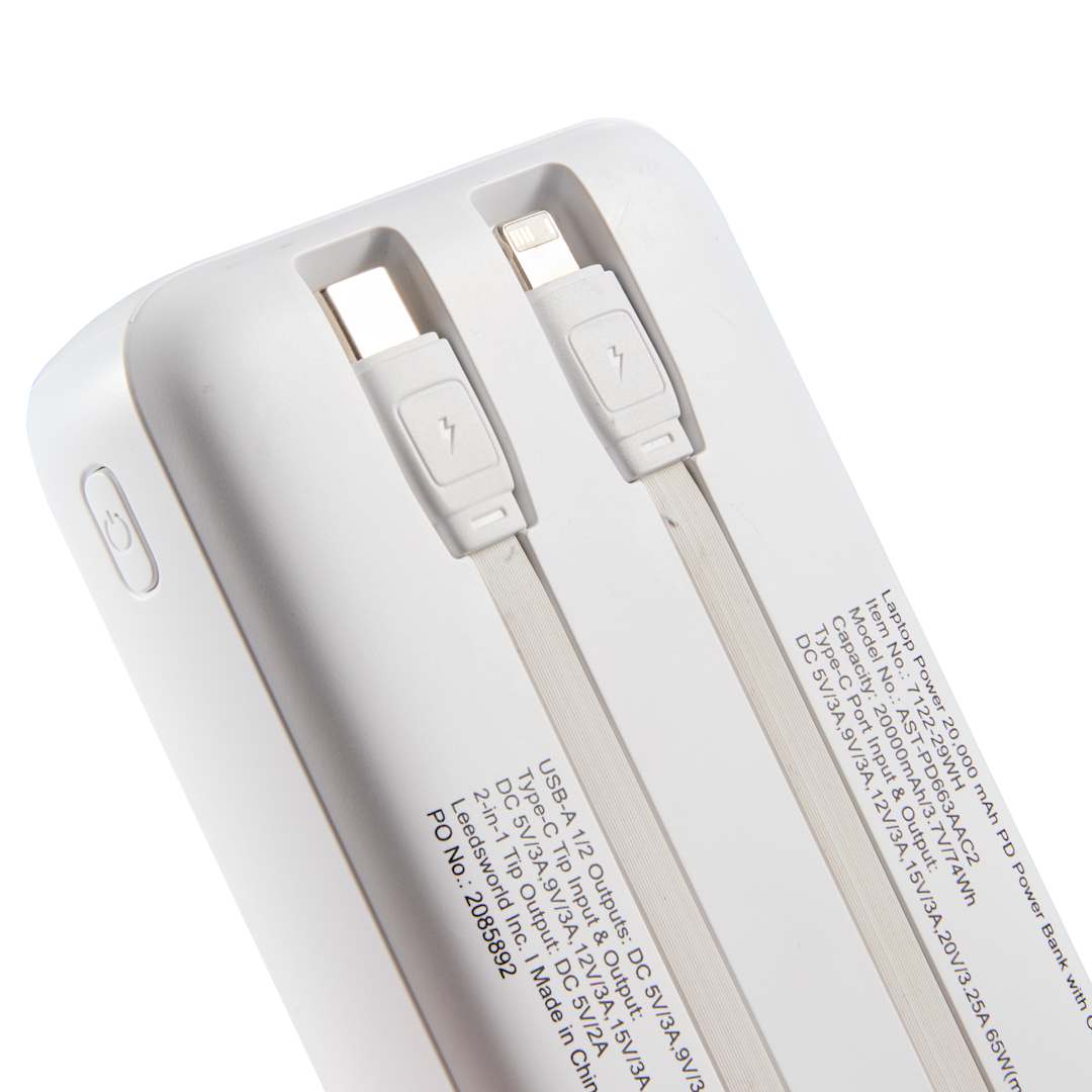 Rear View of White Laptop Power 20,000 mAh PD Power Bank with Cables plain