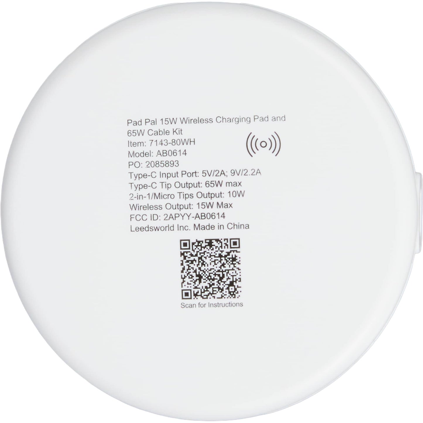 Rear View of White Pad Pal 15W Wireless Charging Pad and 65W Cable Ki plain
