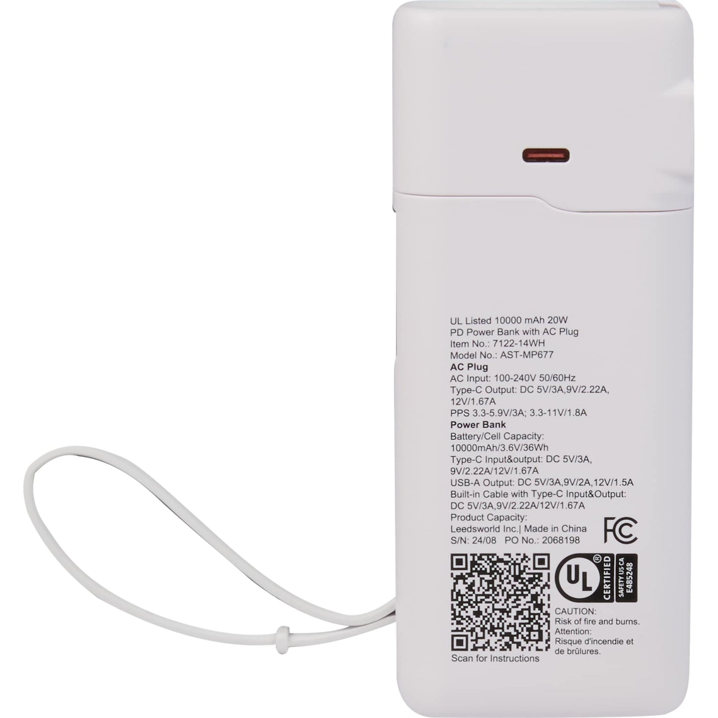Rear View of White UL Listed 10,000 mAh 20W PD Power Bank with AC Plu plain