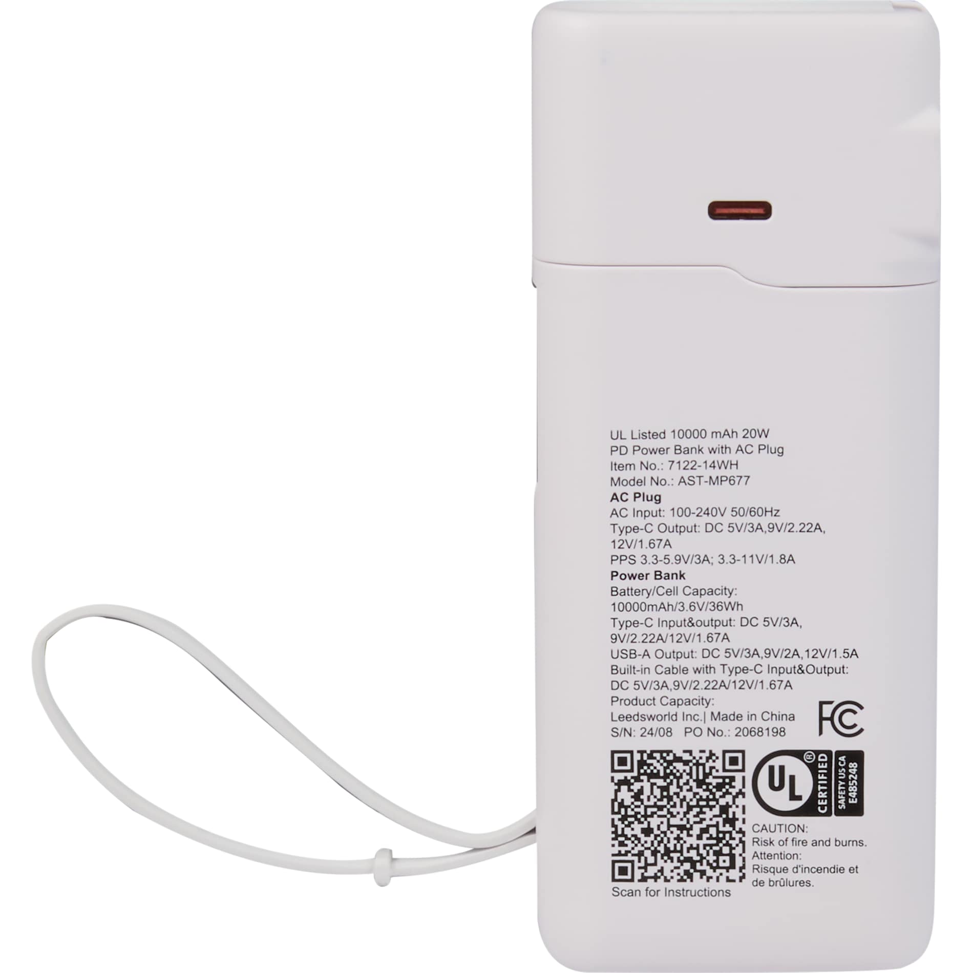 Rear View of White UL Listed 10,000 mAh 20W PD Power Bank with AC Plu plain