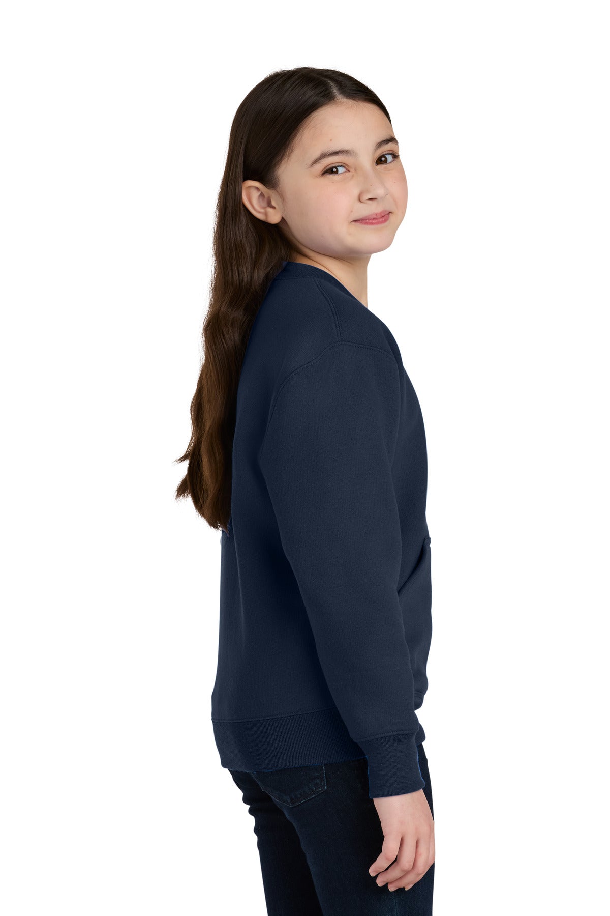 TrueNavy Port & Co Youth Core Fleece Crewneck Pocket Sweatshirt PC78YPKT