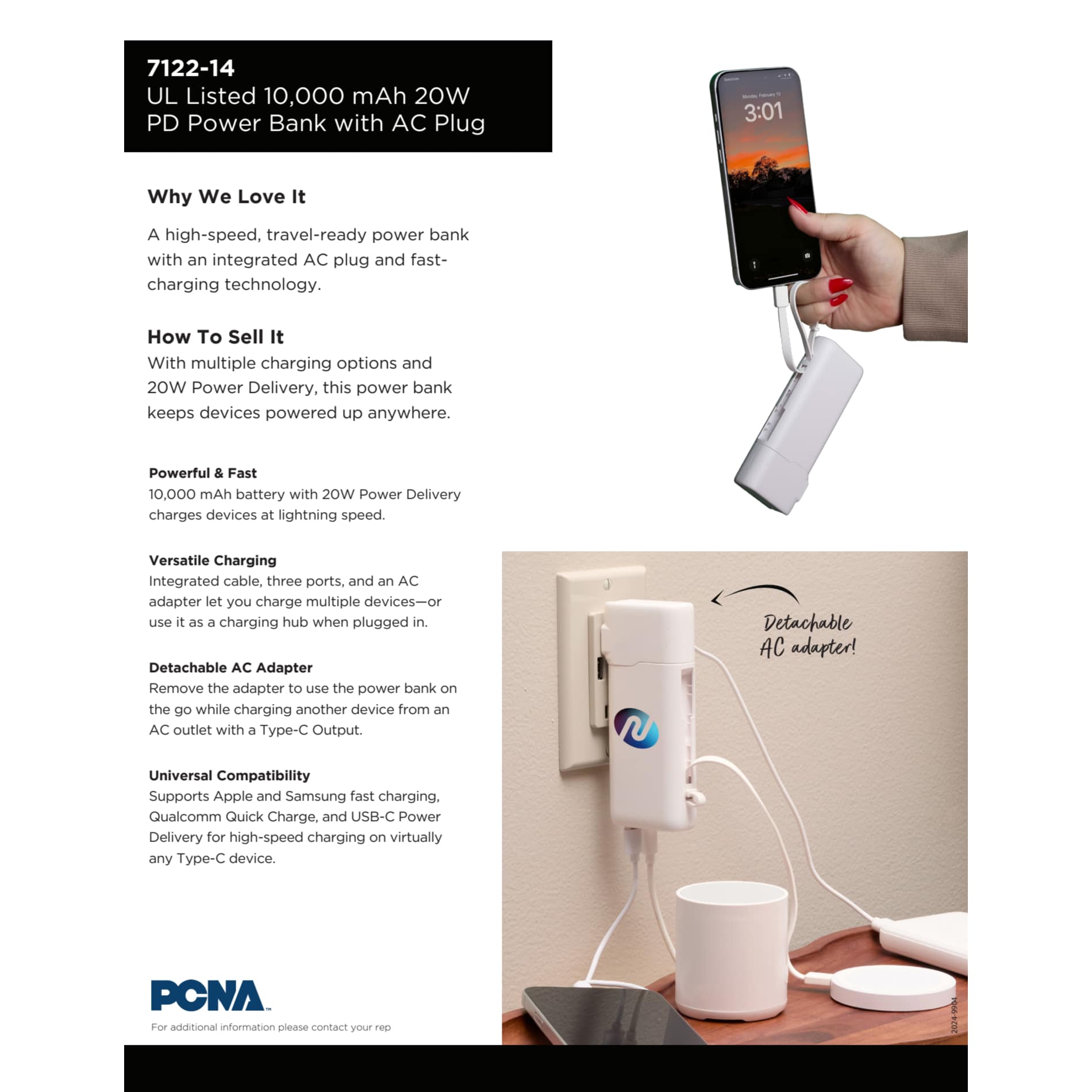 White UL Listed 10,000 mAh 20W PD Power Bank with AC Plu